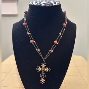 Vintage Ornate Filigree Cross Pendant Necklace – Beaded Accents – Marked NY